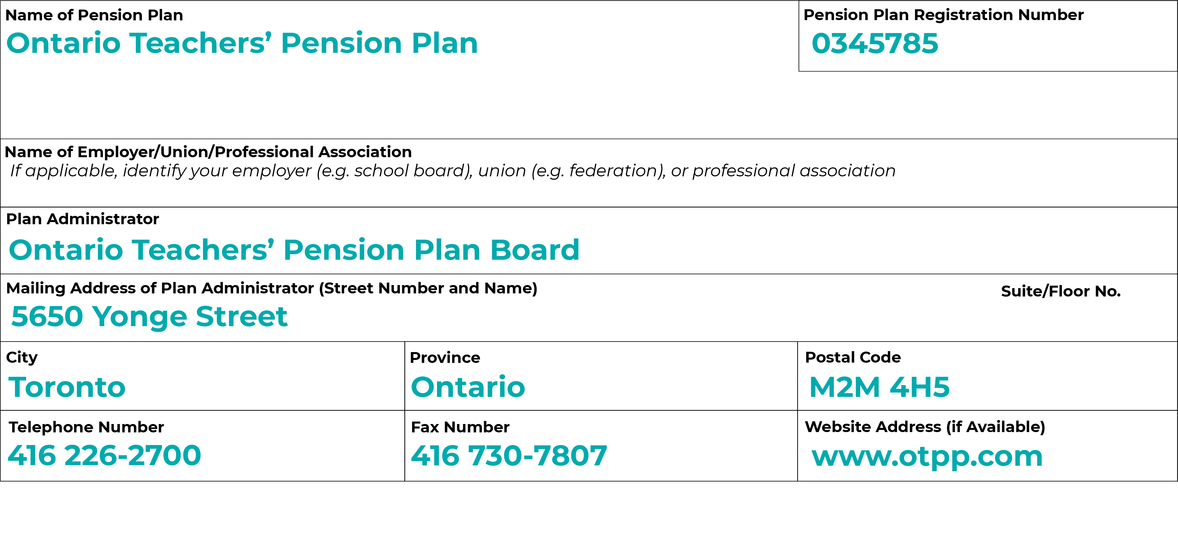This is an example of a filled in pension plan information form